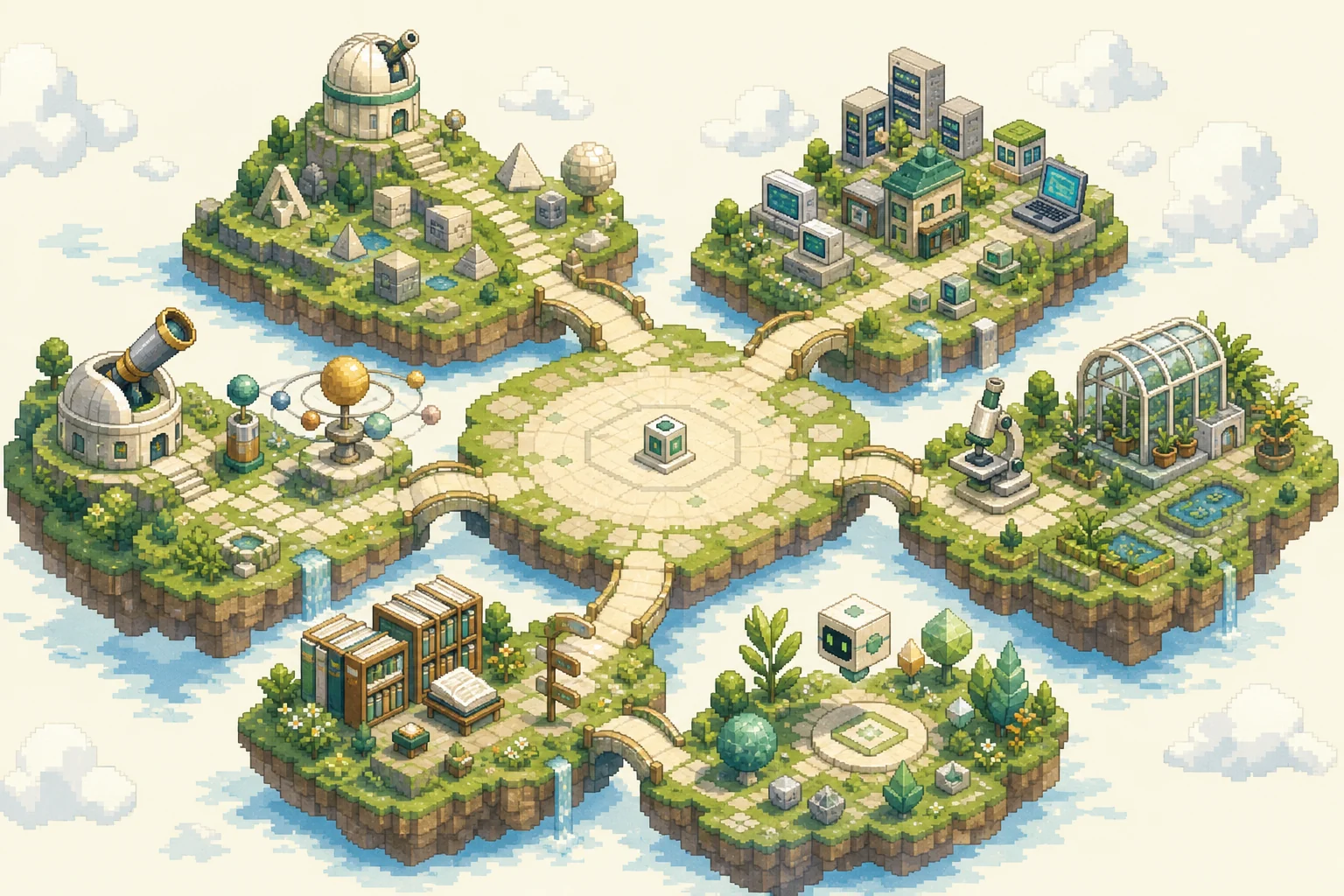 A light green illustrated knowledge world made from connected subject islands